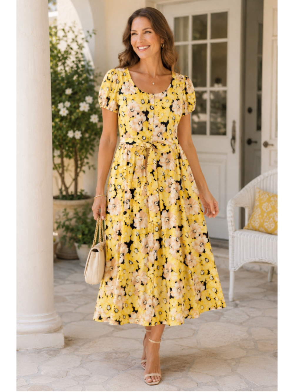 Talbots Plus 18W Yellow Floral Fit & Flare Midi Dress Belted Puff Sleeve